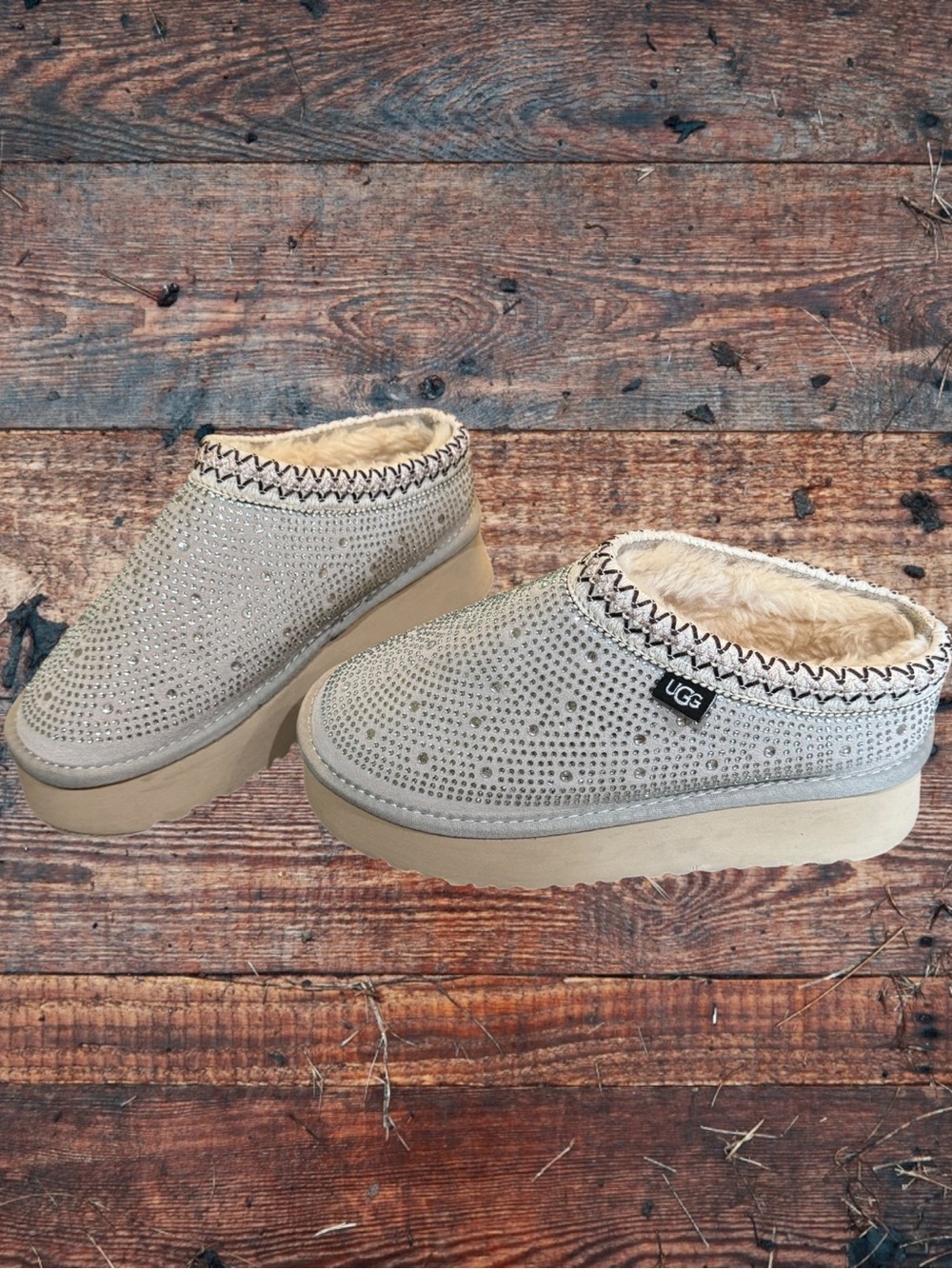 UGG RARE Vintage Tasman Platform Rhinestone Suede Mules Clogs Slippers Sand Grey - Picture 7 of 16